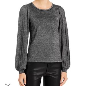 T Tahari Lurex Pleated Sleeve Sweater